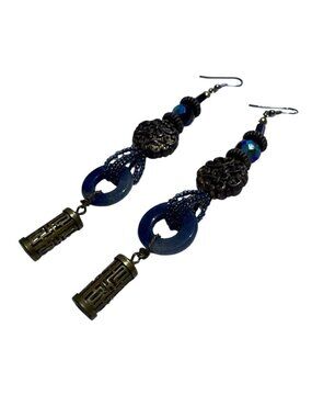 Beaded Boho Dangling Earrings Gold Tone Alloy & Glass 5" Long Shades of Blue